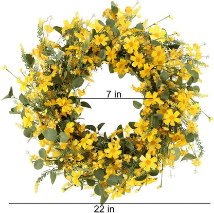 J'FLORU Artificial Spring Wreath 22 Inch Summer Wreaths for Front Door Yellow Daisy Wreath for Indoor Outdoor Home Decor and Easter Celebration