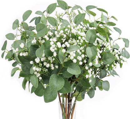 Beferr 5 Pcs Eucalyptus Stems & 6 Pcs Babys Breath Artificial Flowers Faux Greenery Bouquets for Wedding Table Centerpiece Home Decor