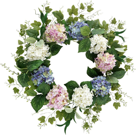 Spring Summer Wreaths for Front Door, 20 Inch Artificial Wreaths with Hydrangea Floral, Floral Wreath for Porch Wall Window Wedding Decor, All Season Wreaths for Home Outdoor Decoration