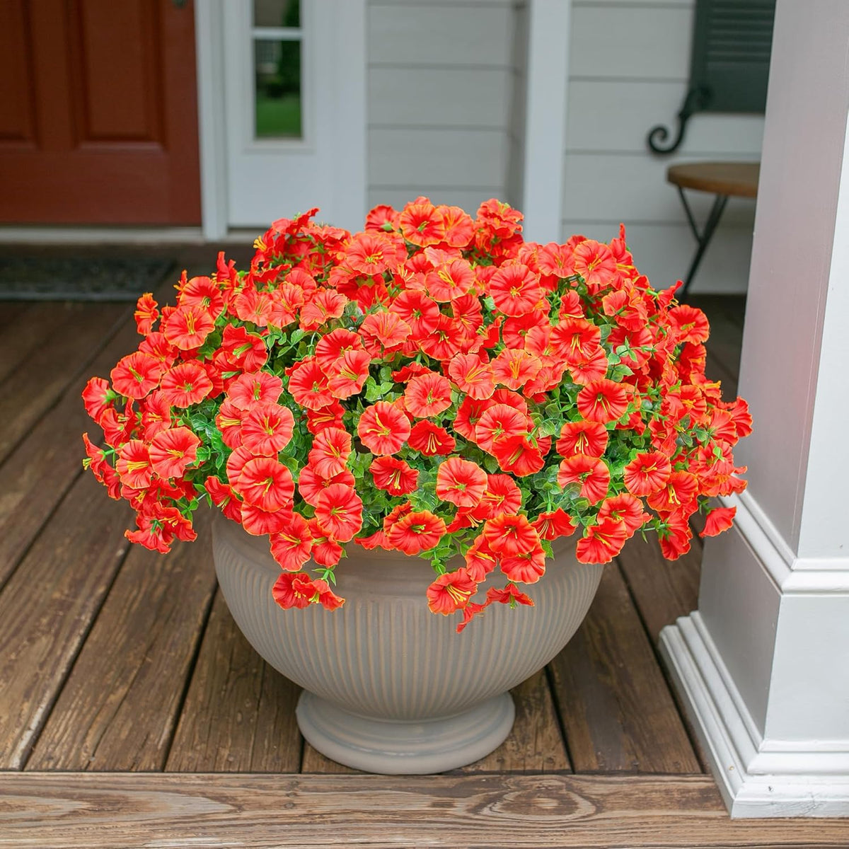 Artificial Flowers for Outdoors Fake Plants Spring Summer Decor, 12 Bundles Orange Silk Morning Glory with Eucalyptus Look Real UV Resistant Faux Flowers for Outside Planters Front Door Yard Indoor