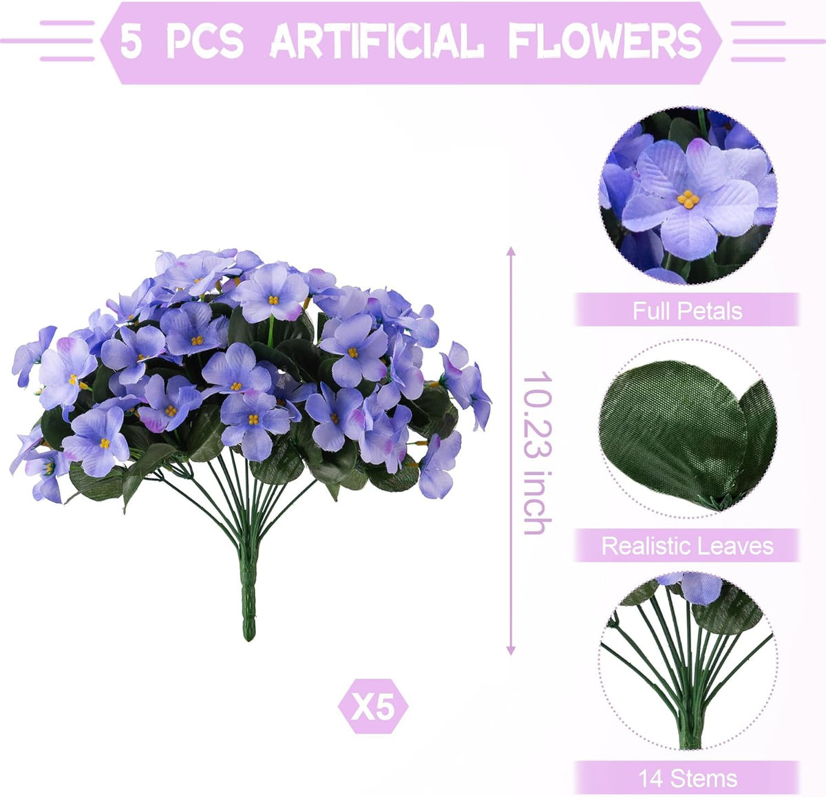 Artificial Flowers for Outdoors Decoration, 5 Bundles Faux Hydrangea UV Resistant Fake Arrangements Plants for Indoor and Outdoor Garden Front Porch Spring Summer Decor, Blue