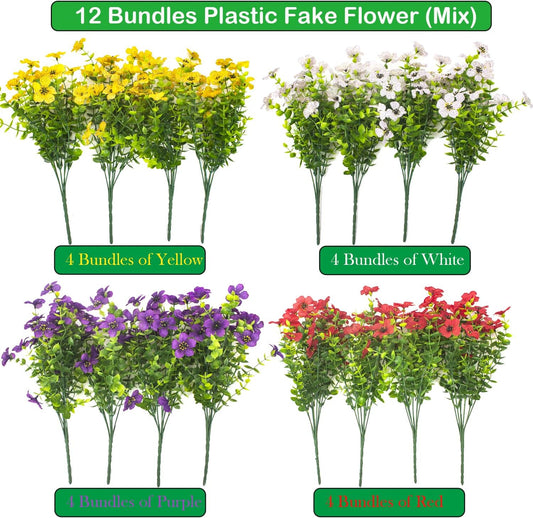 Artificial Fake Plants Flowers for Outdoor Spring Decoration, 12 Bundles Faux Silk Colorful Daisy UV Resistant Realistic for Outside Porch Patio Home Yard Garden Planters Pots Window Box(Mix)