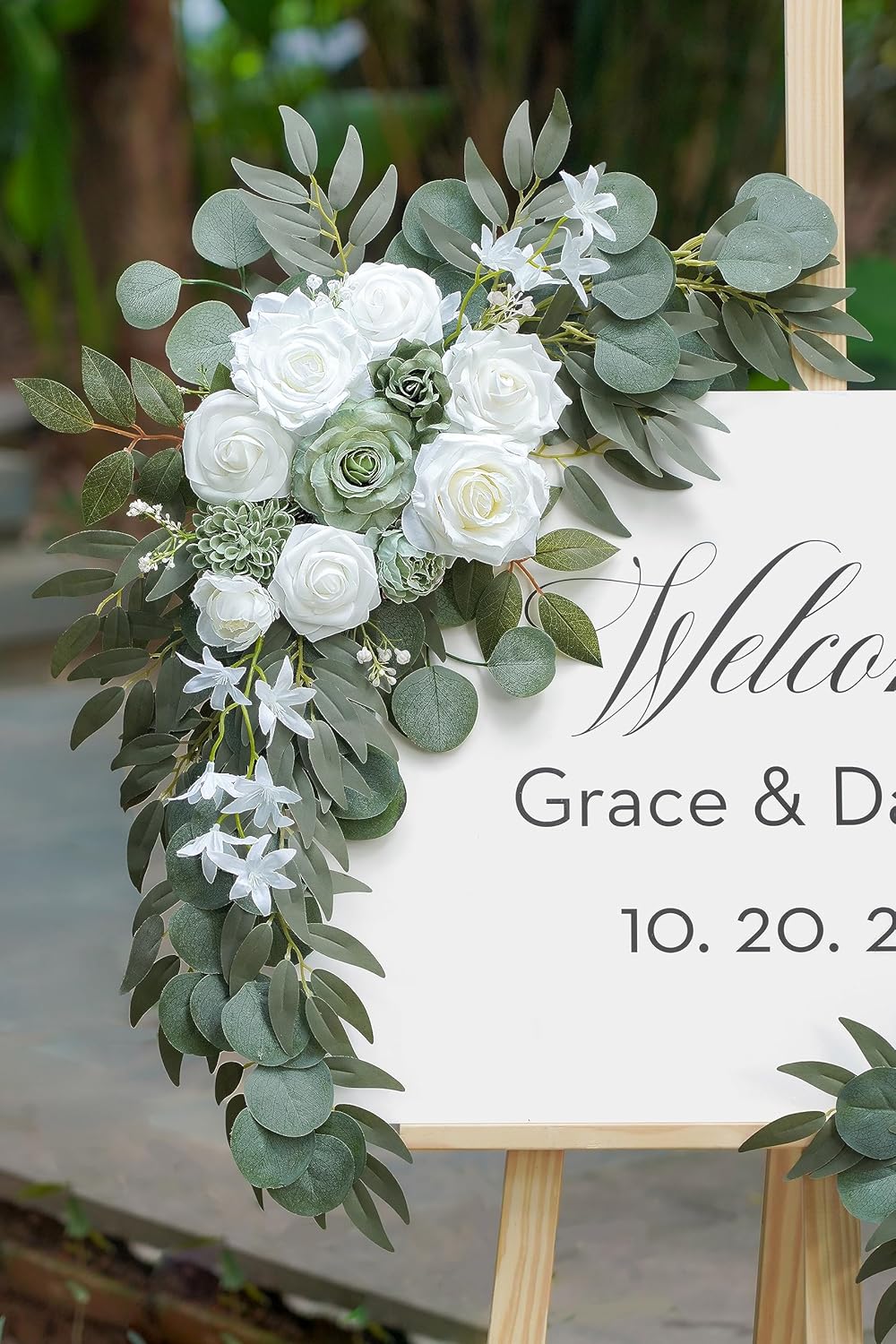 2-Pack Sage Green & White Wedding Flower Swag Set, Large: 35.43"L x 14.56"W, Small: 24.80"L x 12.99"W, Artificial Flowers for Wedding Arch, Ceremony, Table Centerpieces, Wall Hanging