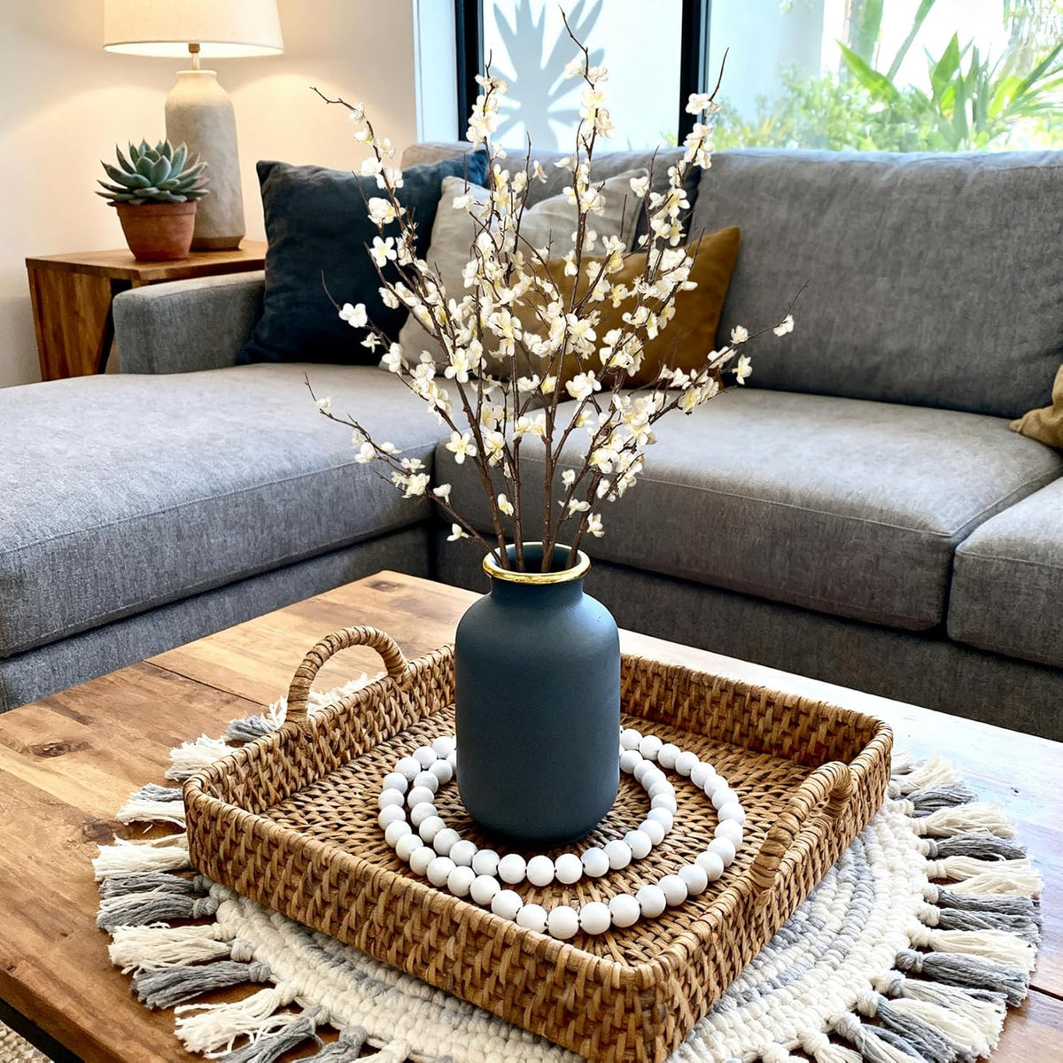 4 Pcs Cherry Blossom Branches Artificial Flowers for Spring Summer Indoor Decoration, Faux Long Stem Artificial Flowers for Wedding Home Office Bedroom Party Table Centerpieces Decor (White)