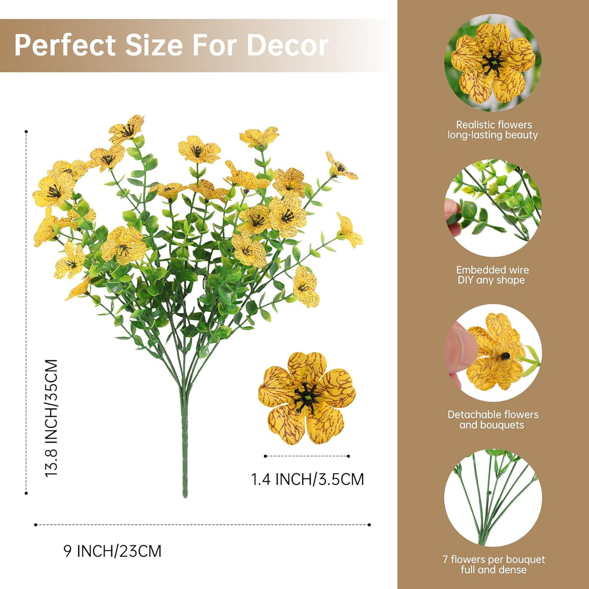 Artificial Faux Flowers Plants for Outdoors Outside Spring Summer Decoration, 12 Bundles Realistic Fake Flowers Plant Greenery Silk Daisy UV Resistant Planters Balcony Porch Patio Garden Home（Yellow）