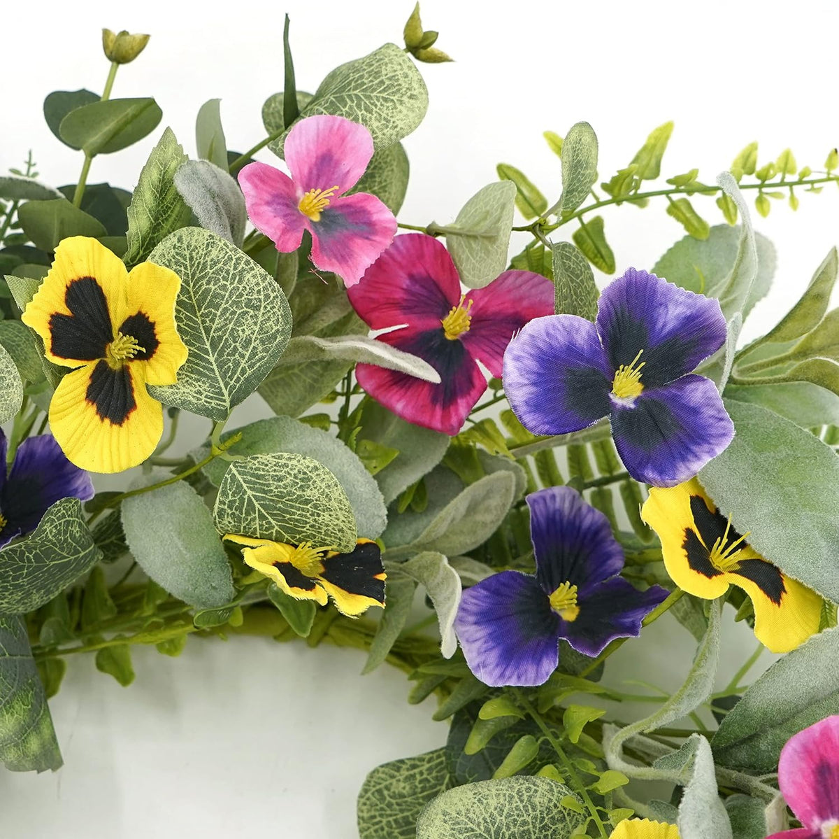 Artificial Spring Summer Wreath with Pansy Flowers, Flocked Lamb Ear Leaves, Eucalyptus Leaves, Fern Branches for Front Door Indoor Outdoor Farmhouse Wall Holiday Decor, White Gift Box Included