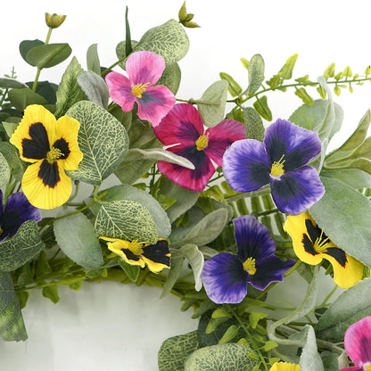 Artificial Spring Summer Wreath with Pansy Flowers, Flocked Lamb Ear Leaves, Eucalyptus Leaves, Fern Branches for Front Door Indoor Outdoor Farmhouse Wall Holiday Decor, White Gift Box Included