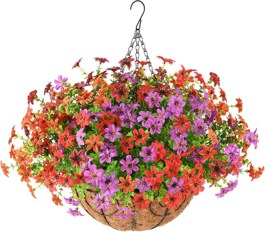 Artificial Hanging Flowers Basket for Outdoors - Faux Daisy Silk Flower Realistic, Colorful Fake Plastic Plants UV Resistant Summer Decor for Garden Front Porch Patio Balcony Yard