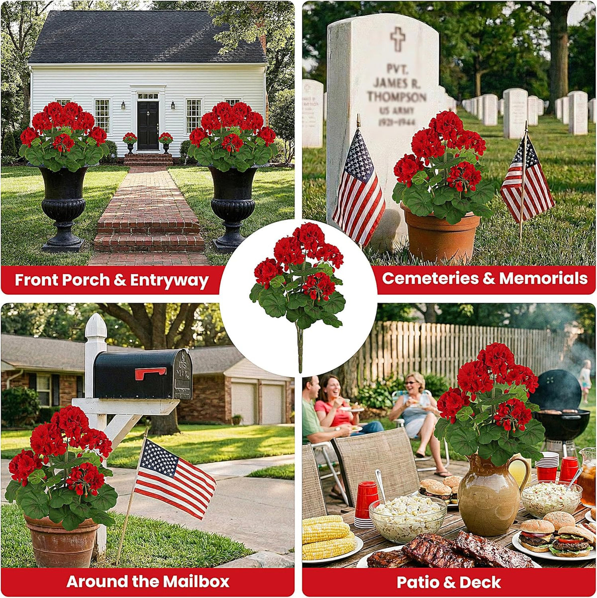 18" Artificial Geraniums for Outdoors, UV Resistant Red Silk Flowers for Window Box Porch Patio Garden Decor, Waterproof Ruby Red