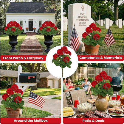 18" Artificial Geraniums for Outdoors, UV Resistant Red Silk Flowers for Window Box Porch Patio Garden Decor, Waterproof Ruby Red