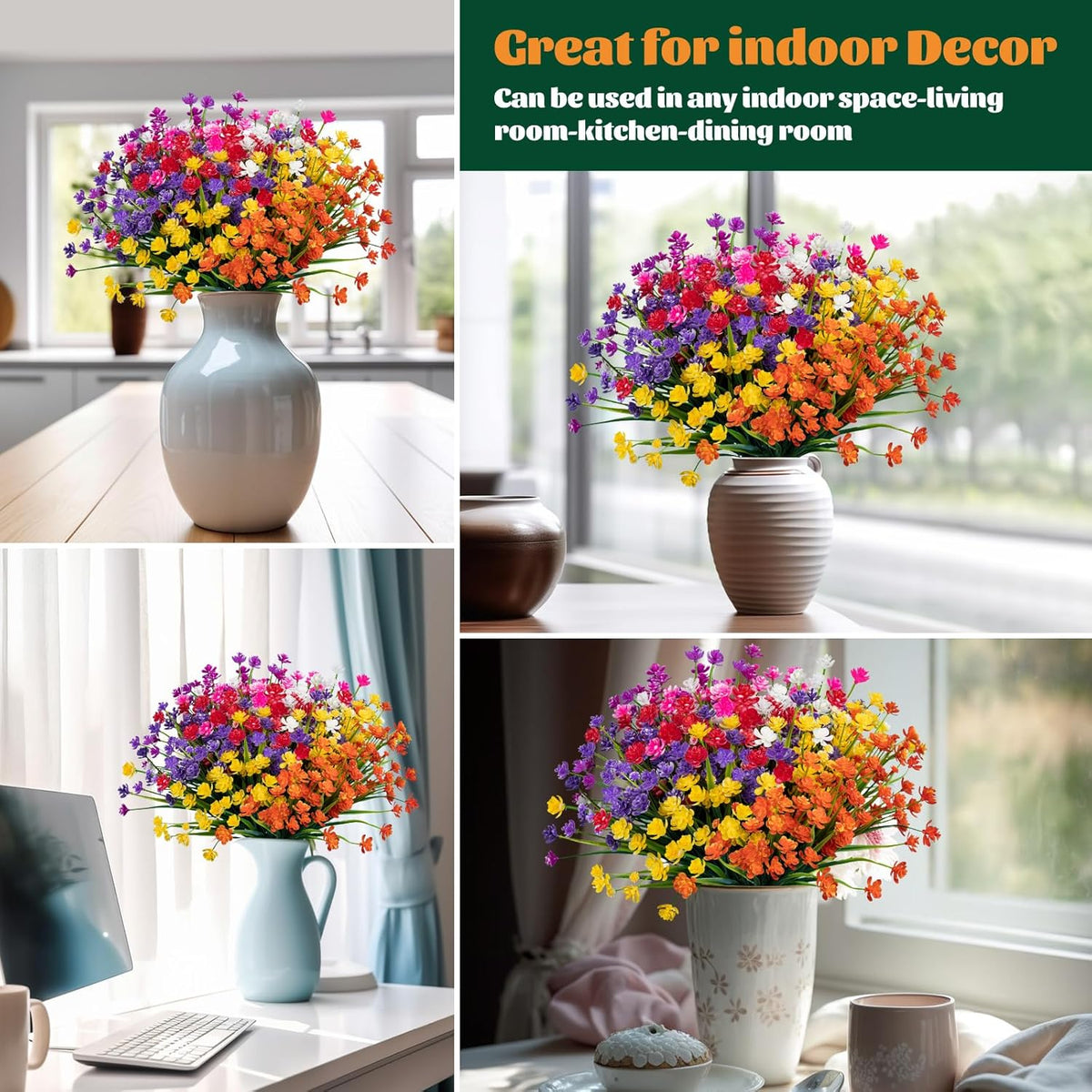 Lnoicy 20 Pcs Artificial Flowers for Outdoor, Plastic Flowers Decoration, UV Resistant Faux Flowers Shrubs, Artificial Plants for Indoor and Outdoor Garden Home Wedding Farmhouse (7 Colors)