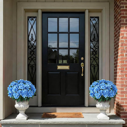 Artificial Hydrangea Flowers for Outdoor Decor, Realistic Faux Silk Bouquets Sun-Resistant Fake Plants for Front Door Balcony Farmhouse Garden Home Spring Summer Decor (Blue)