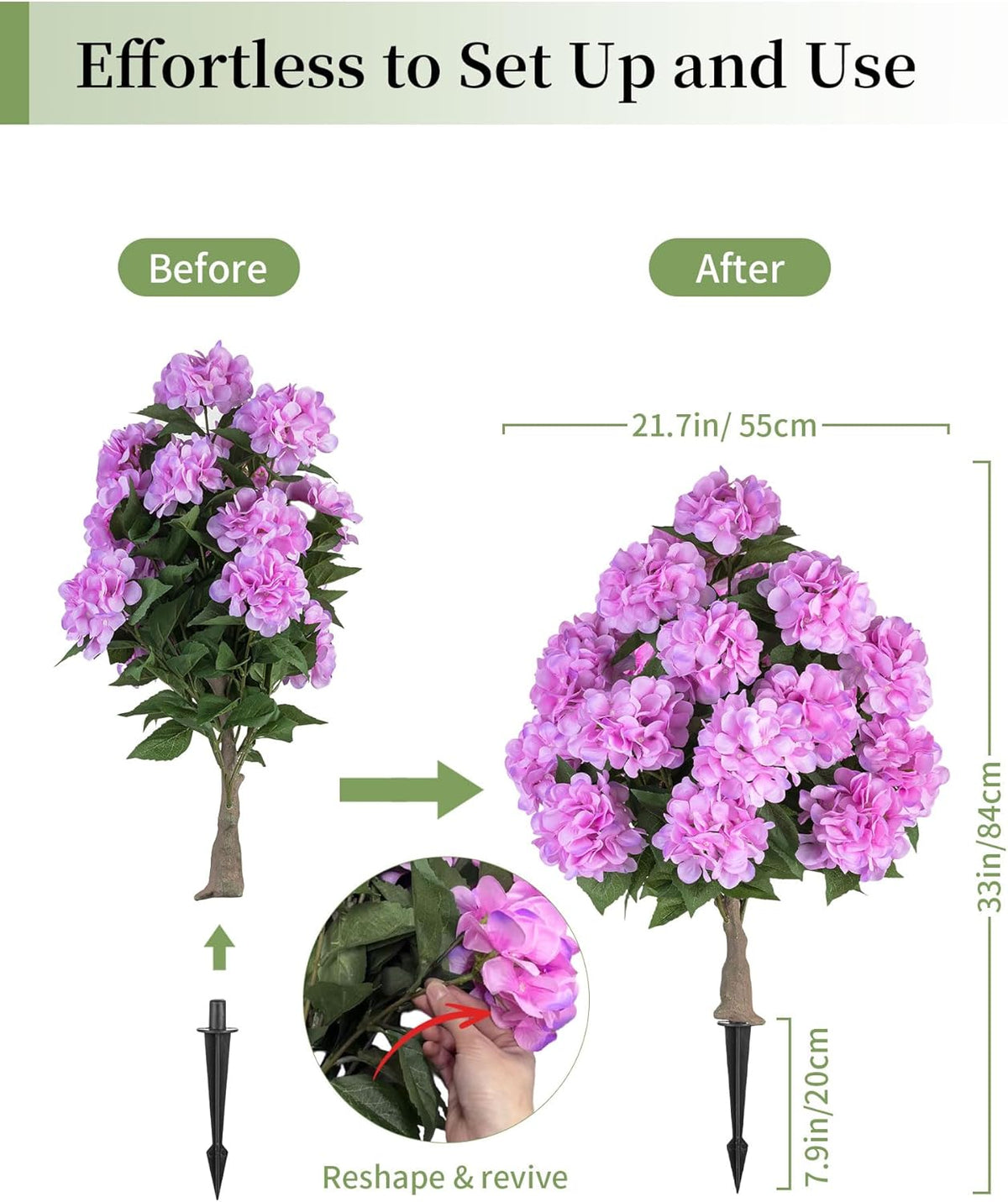 BLOSMON Hydrangea Topiary Trees Artificial - Outdoor 2 Packs 33" Pink Fake Flower Ball Tree for Front Porch Planters Urns Decor - 20 Heads Faux Hydrangea Bush Plants with Spike for Garden Yard Patio