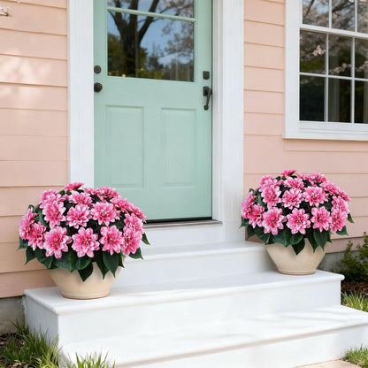 2 Set of Artificial Dahlia Topiary Ball Trees - Fake Silk Dahlia Flower Bushes, UV Resistant Faux Floral Shrub Potted for Front Door Porch Farmhouse Wedding Outdoor Decor (Pink)