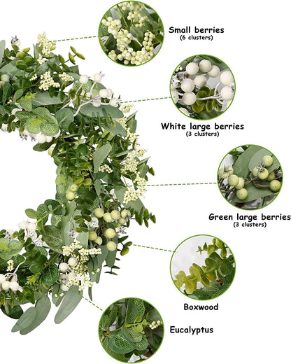 Vlorart Artificial Spring Summer Christmas Greenery Wreaths for Front Door Green Eucalyptus Leaf Wreath Decor Boxwood with Big Berries for Farmhouse Outside Year Round