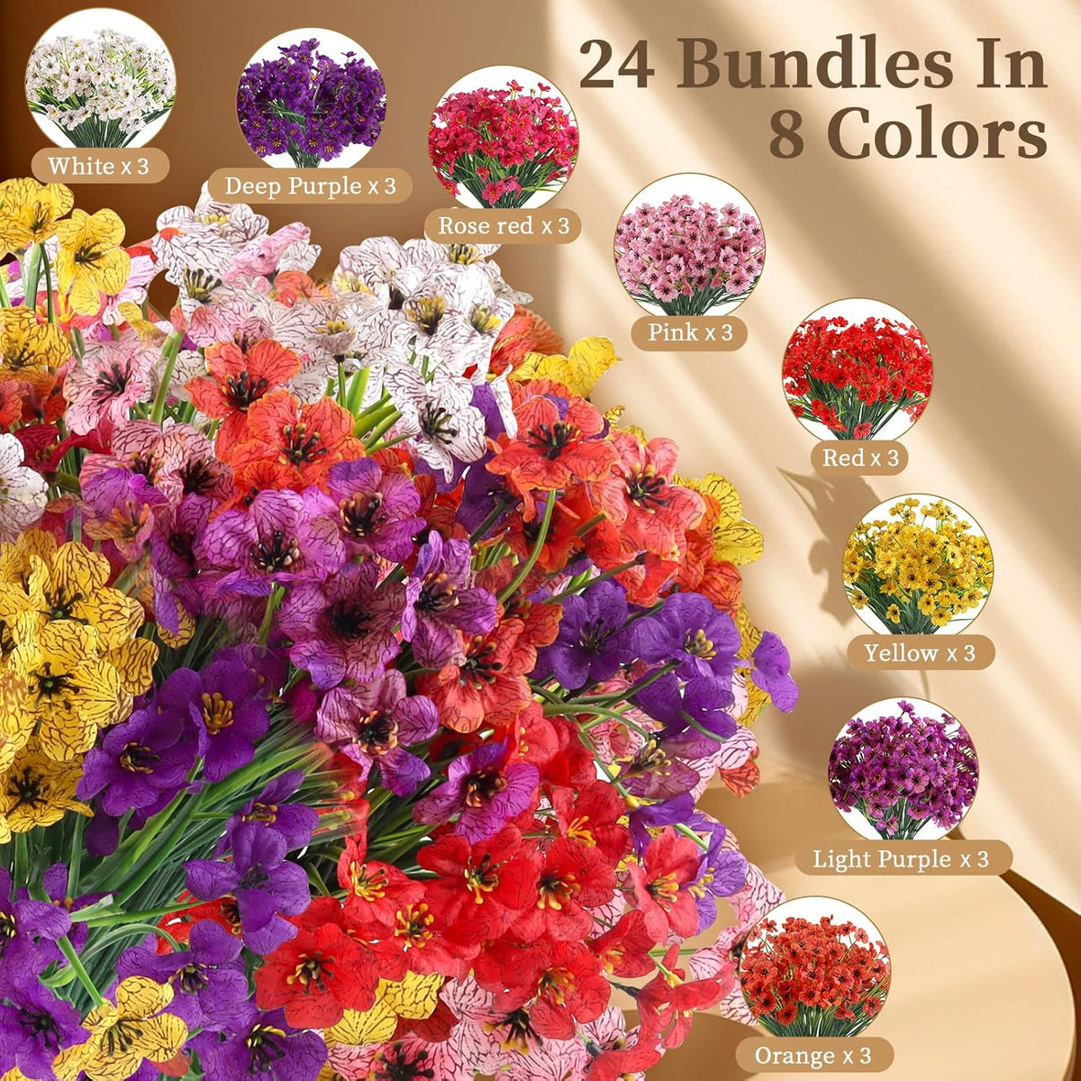 24 Bundles Artificial Flowers for Outdoors/Indoors, Fake Flowers Plants for Indoor and Outdoor Garden Porch Window Box Home Wedding Farmhouse (8 Color)