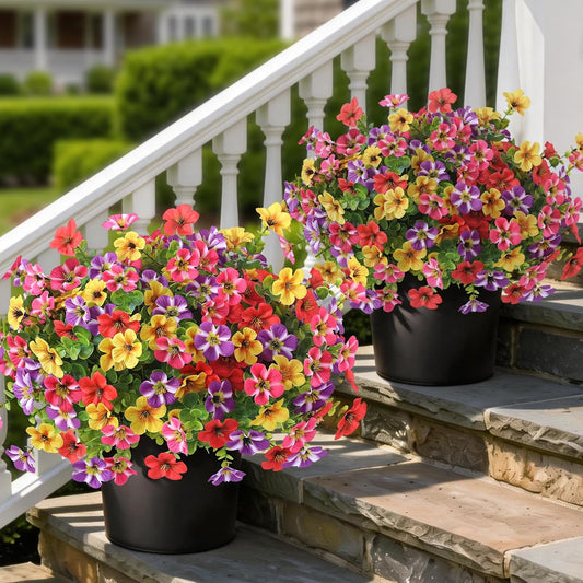 2 Set of Artificial Morning Glory & Eucalyptus Topiary Trees - Faux Silk Flower Potted Plants, UV-Resistant Fake Outdoor Morning Glory Bushes for Front Door, Farmhouse, Garden Decor (Mixed Color)