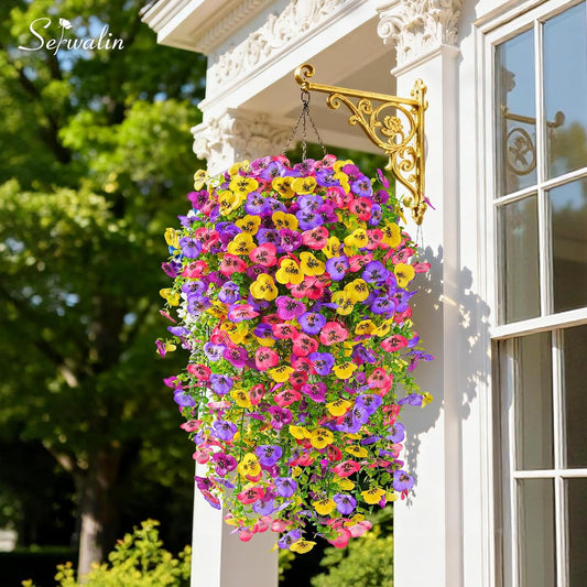 Serwalin Artificial Fake Hanging Flowers for Outdoors Planters, 6 Pcs UV Resistant Faux Pansy Spring Flowers for Outside Porch Patio Garden Window Box (Mixed Colors)