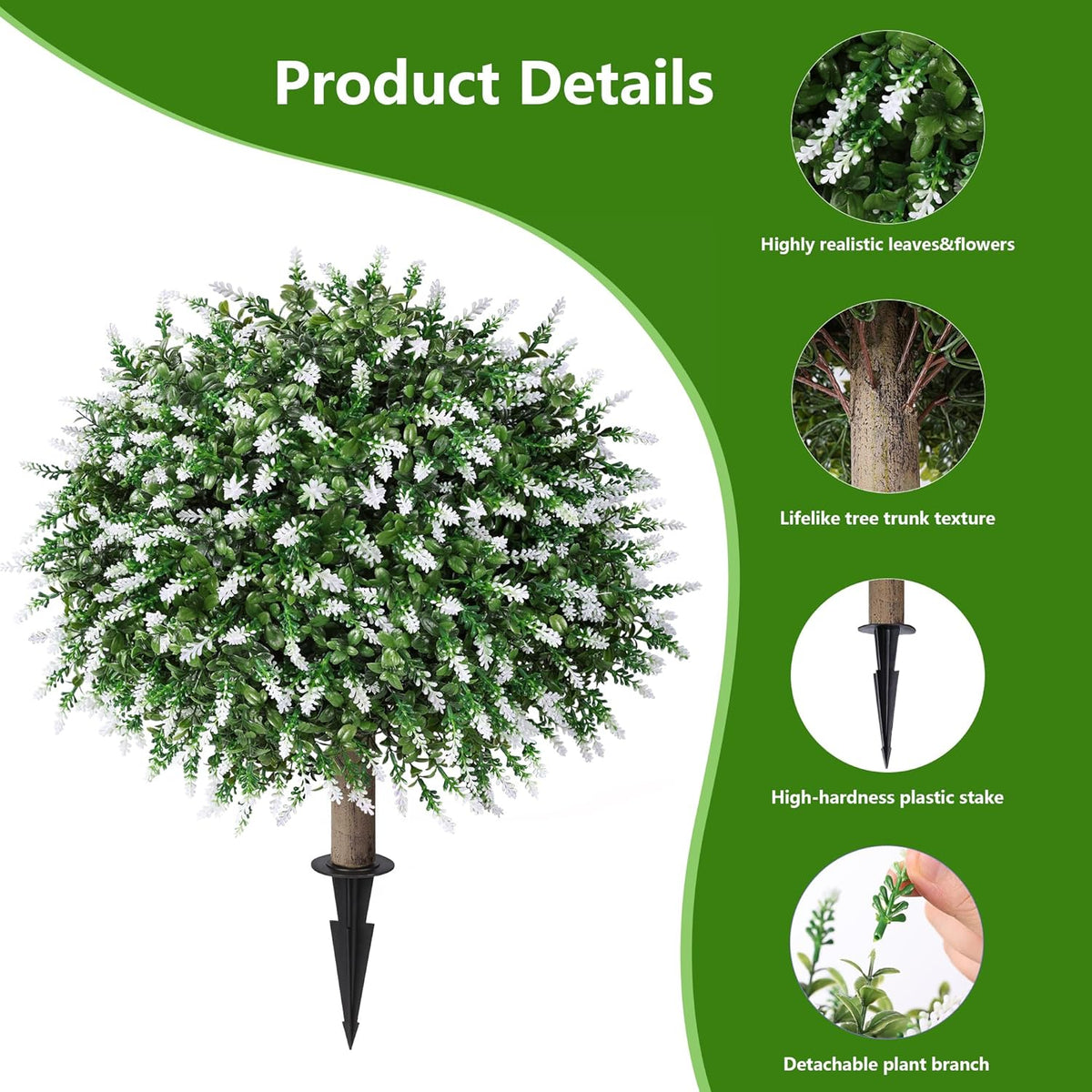 HyeFlora 26" Artificial Topiary Boxwood Ball Trees with Lavender 2 Pack Fake Plants for Outdoor Indoor Artificial Shrubs with Ground Spike UV Resistant Fake Bushes for Front Porch Garden (White)