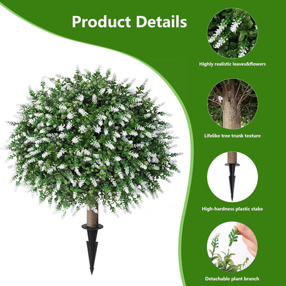 HyeFlora 26" Artificial Topiary Boxwood Ball Trees with Lavender 2 Pack Fake Plants for Outdoor Indoor Artificial Shrubs with Ground Spike UV Resistant Fake Bushes for Front Porch Garden (White)