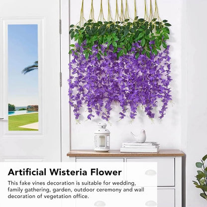 14PCS Artificial Wisteria Hanging Flowers, Six Leaf Blue Garland Silk Flowers Decoration, 43 Feet Fake Wisteria Vine Rattan String for Home Office Wedding Wall Garden Outdoor Party