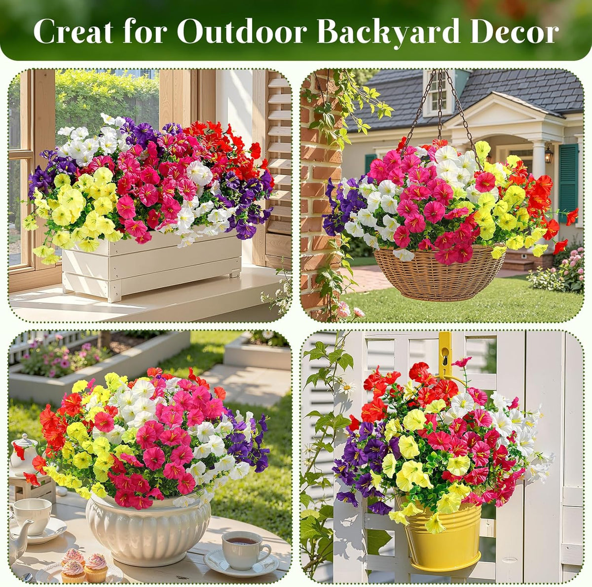 Alupssuc 24 Bundles Artificial Flowers for Outdoors, Faux Spring Flowers for Decoration, UV Resistant Silk Morning Glory with Eucalyptus Realistic Fake Flowers for Yard Planter Porch Garden, 5 Colors