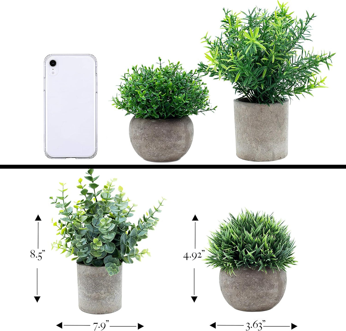 Artificial Plants for Home Decor Indoor. 4 Mini Plants, Rosemary Faux Plant Decor, Eucalyptus Plant, Grass Plants. Small Fake Shelf or Desk Greenery Décor