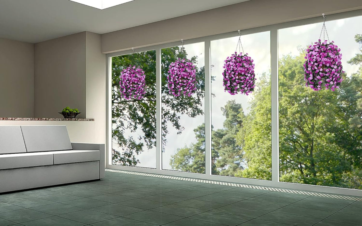 Artificial Flowers in Hanging Basket for Outdoors Spring Decor, Fake Mums Flowers Faux Plants with Basket for Indoors Home Porch Garden Yard Patio Decoration (Purple Pink)