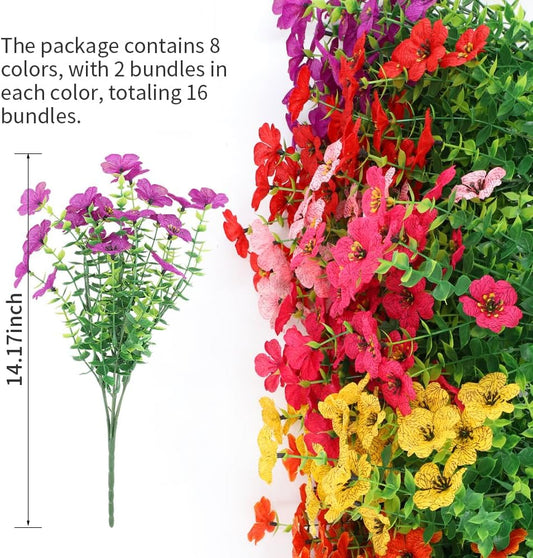 Artificial 16 Bundles Outdoor Flowers for Spring Decoration, Fake Daisy Flowers Realistic UV Resistant for Outside indoor Planter Front Door Porch Yard Patio windowsill Home Decor (Mix 8 colors)