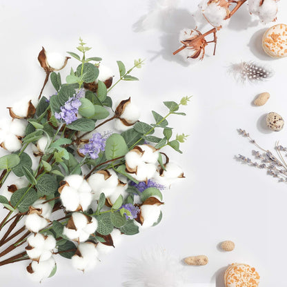 Ageomet 6 Pcs 20Inch Farmhouse Cotton Flowers, Faux Cotton Stems Arrangements for Home Decor, Artificial Cotton Floral Plants Decor with Eucalyptus Lavender Bulk
