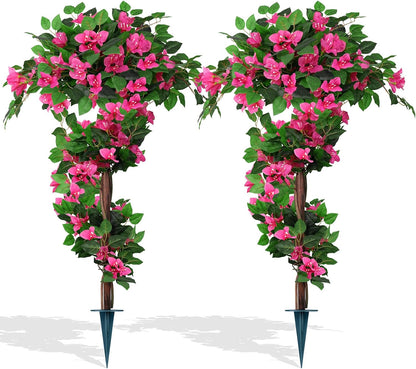 2 Pack 4FT Artificial Bougainvillea Topiary Trees for Outdoor, Fake Silk Flowers Plants Bushes with Ground Spike, Faux UV Resistant Shurbs Trees for Outside, Front Porch, Patio, Balcony Decor