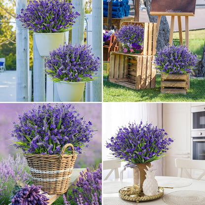 20 Bundles Artificial Lavender Flowers for Outdoors Fake Silk Flowers Faux Plants UV Resistant for Indoor and Outdoor Spring Porch Garden Window Table Box Office Home Decorations, Deep Purple