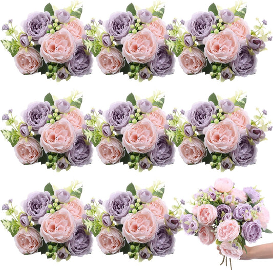 8 Bundles Artificial Peonies Flowers Boho Faux Flowers Arrangements Artificial Centerpiece Spring Bouquet Floral Wedding Decoration for Vase(Pink, Purple)