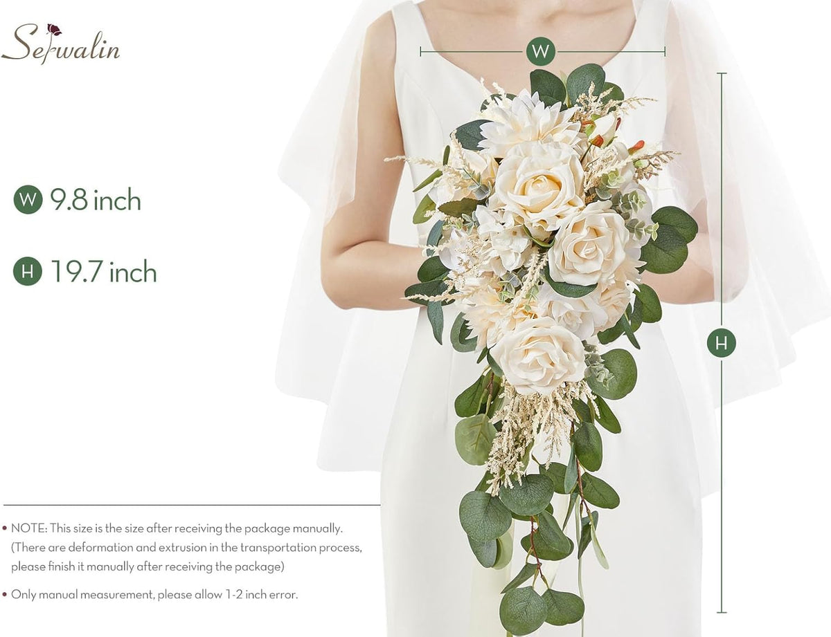 Serwalin 9.8in Wedding Bouquets for Bride, Boho Champagne Roses & Dahlia Flowers for Wedding Decoration