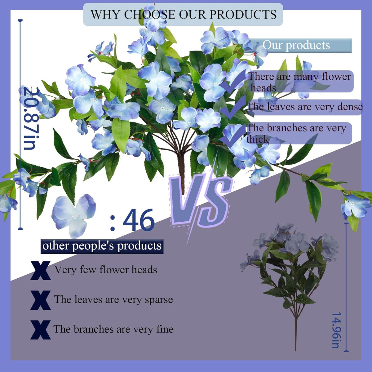 Artificial Flowers for Outdoors 2Pcs Faux Impatiens for Outdoor Planters UV Resistant Blue Silk Flowers Outside Artificial Impatiens Plants Bushes for Front Porch Patio Garden Pot Balcony Decor