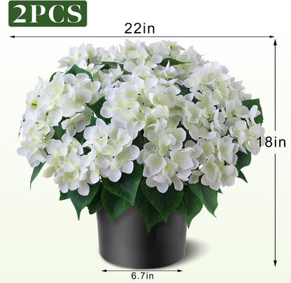 Artificial Hydrangea Flower Topiary Trees - 2 Sets Faux Silk Flower Potted Plant, UV Resistant Fake Outdoor Hydrangea Bush for Front Door, Farmhouse, Garden, Porch Decor (White)