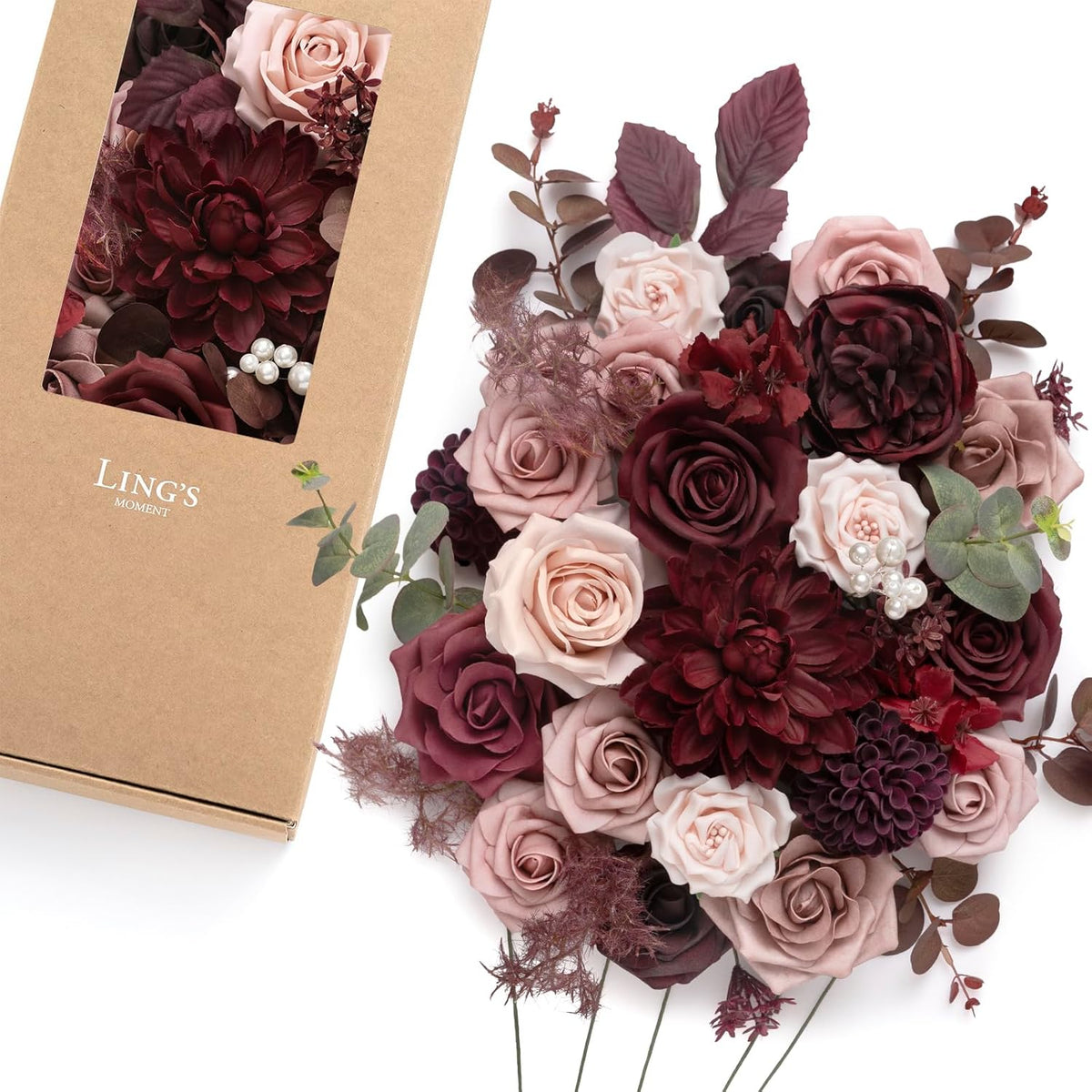 Ling's moment Fake Flowers Box, Faux Artificial Greenery Stems Foam Roses Dahlia Silk Peonies Eucalyptus Fabic Flower for Centerpieces Bouquet Wedding Vase, Dusty Rose & Burgundy, Deluxe Combo
