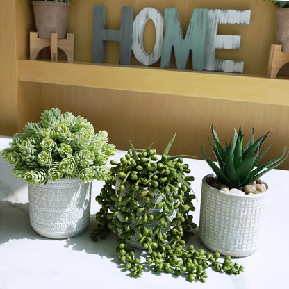 Set of 3 Assorted Small Potted Succulent Plants Fake Aloe String of Pearls Hops Succulents in Gray Geometric Concrete Ceramic Pots for Gifts Modern Home Office Desk Table Indoor Outdoor Greenery Decor