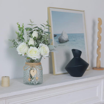 Faux Flowers with Vase, Artificial Silk Roses in Vase, Fake Plant Eucalyptus Flower Arrangement for Home Office Farmhouse Bathroom Dining Table Centerpiece Decorations Coffee Table Decor (White)