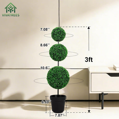 3FT UV-Resistant Artificial Triple Ball Boxwood Topiary Set of 2, All-Weather Outdoor & Indoor Decor for Garden, Porch, Entryway