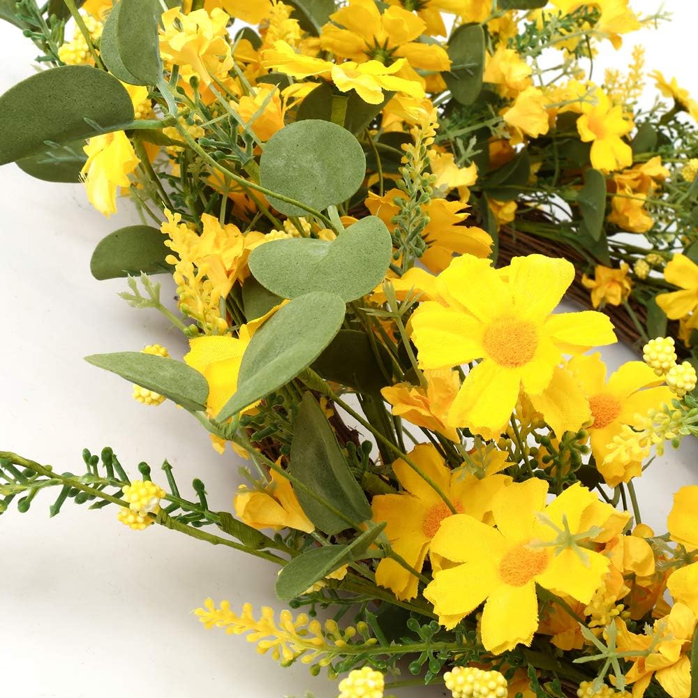 J'FLORU Artificial Spring Wreath 22 Inch Summer Wreaths for Front Door Yellow Daisy Wreath for Indoor Outdoor Home Decor and Easter Celebration