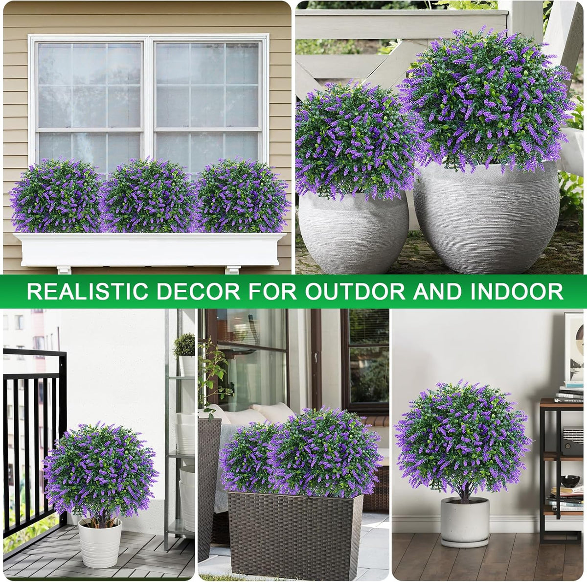 Artificial Lavender Topiary Ball Trees, 2 Set of UV Resistant Fake Evergreen Shrubs Bushes Plants with Ground Spike, Fake Plants for Outdoor Indoor Front Porch Garden