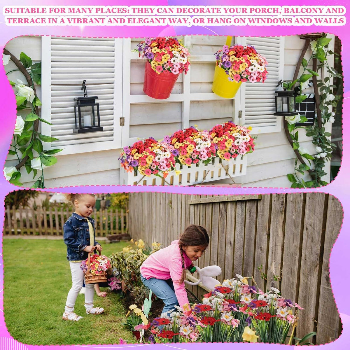 Lyrow 100 Bundles Violet Artificial Flowers, UV Resistant Faux Flowers Outdoor, Faux Silk Flowers, Fake Violet Flowers Bulk for Front Porch Hanging Garden Courtyard Farmhouse Home(Classic Colors)