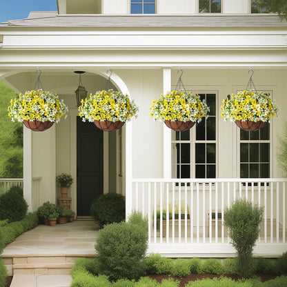 Artificial Silk Flowers Hanging Baskets Outdoors, Chrysanthemum with Eucalyptus Leaves Arrangement for Garden Yard Decor, Faux Plant in Metal Coconut Lining Flowerpot (Yellow)