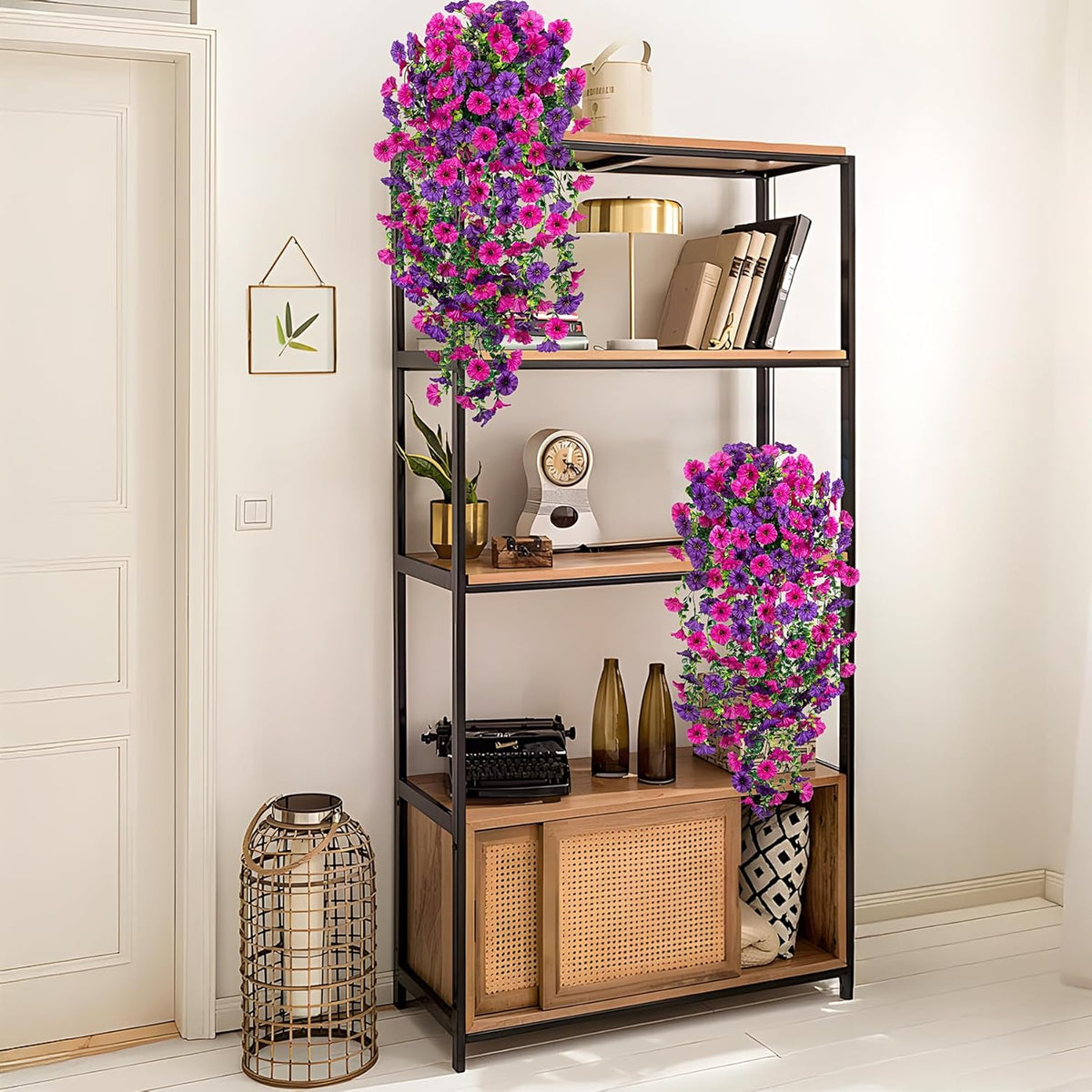 Artificial Hanging Petunia Flowers for Outdoor, 4 Pcs Fake Plants Long Vine Morning Glory Eucalyptus, UV Resistant Realistic Faux Greenery Indoor and Outdoor Patio Porch Garden Spring Summer Decor, Purple