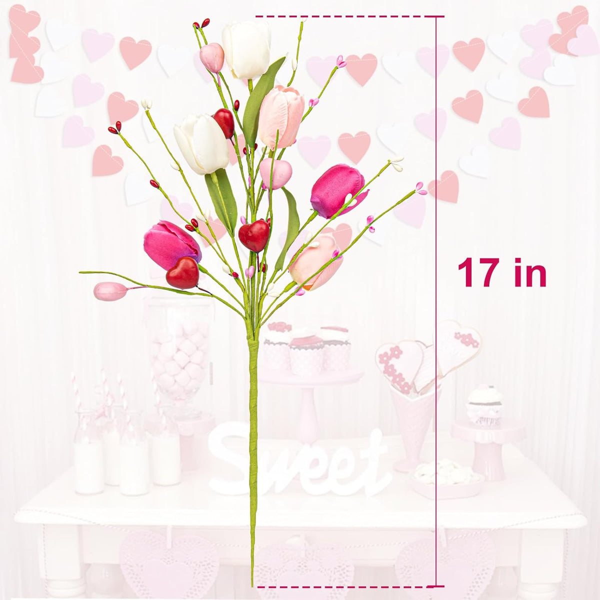 VioletEverGarden Valentines Day Decorations, 6 Pack Artificial Flowers 17inch Valentine’s Day Picks with Tulip Berry for Valentine’s Day Wedding Party Center Pieces Decoration