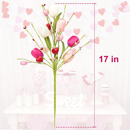 VioletEverGarden Valentines Day Decorations, 6 Pack Artificial Flowers 17inch Valentine’s Day Picks with Tulip Berry for Valentine’s Day Wedding Party Center Pieces Decoration