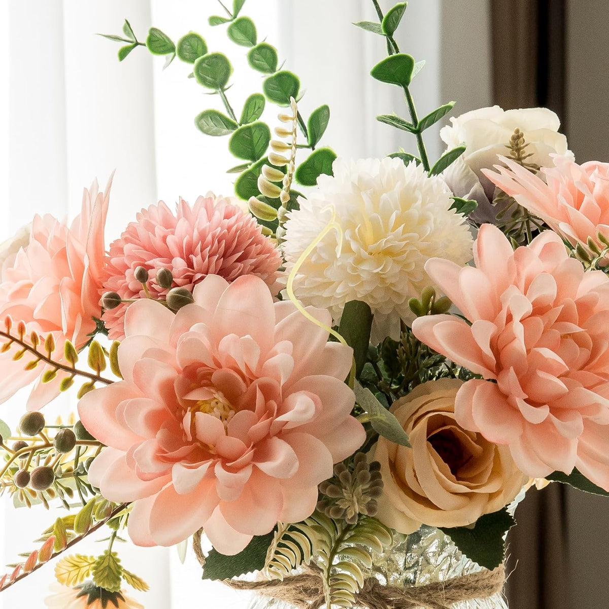 Fake Flowers with Vase, Faux Flowers in Vase for Home Decor, Silk Pink Dahlia Artificial Flowers with Vase for Coffee Table Decor, Living Room Bathroom Plant Decor, Centerpiece Table Decorations
