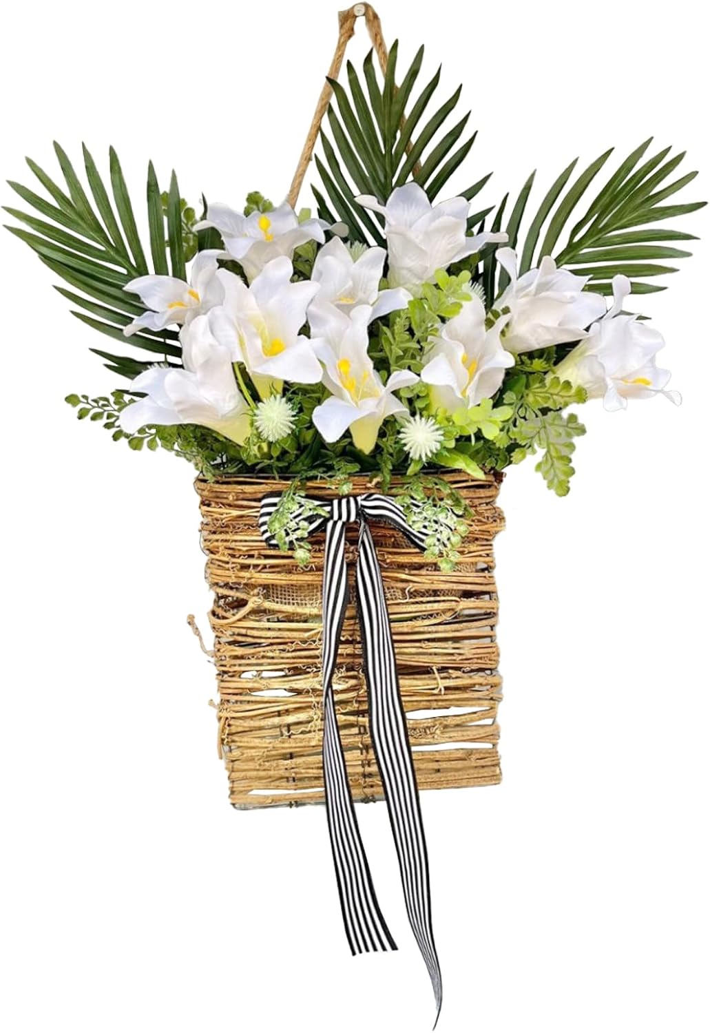 Artificial Flowers Basket, Hanging Door Basket, Artificial Hanging Baskets with Flower, Basket Wreath for Outdoor Indoor Wall Door