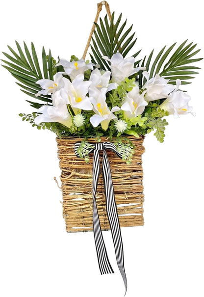 Artificial Flowers Basket, Hanging Door Basket, Artificial Hanging Baskets with Flower, Basket Wreath for Outdoor Indoor Wall Door